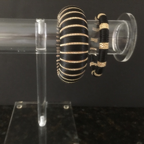 Cara NY Set of 2 Black Ribbon & Gold Chain Bangle Bracelets/1 1/2" & 3/8" Wide - Picture 1 of 4